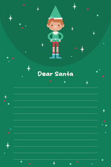 Letter to Santa. Christmas wishlist. Santa letter template with funny elf character. Winter holidays fun. Winter holidays activities. Vector illustration