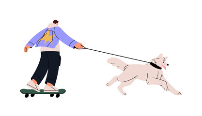 Owner skate on skateboard with big fluffy dog, pup. People walk puppy, stroll playful doggy on leash. Active lifestyle. Street activity together with pet. Flat isolated vector illustration on white