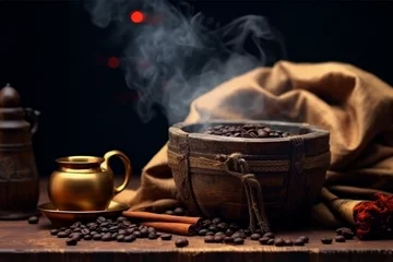 Fotobehang Grains de café dans un pot en bois © Pixelite