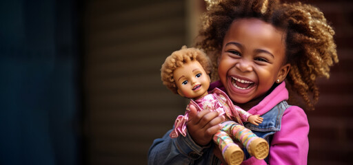 Happy cheerful African girl playing with a doll - obrazy, fototapety, plakaty