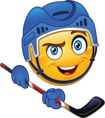 Happy hockey emoji emoticon player in a helmet, holding a stick