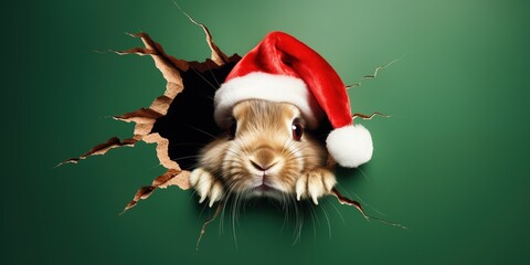 Christmas and new year concept, A rabbit wearing a red santa hat peeks out of a hole in the green wall, Playful pet rabbit in Christmas, Surprise rabbit, Copy space, generative ai - obrazy, fototapety, plakaty