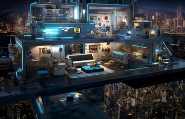 Futuristic cyberpunk urban cityscape, Neon Lights, 
plant in night