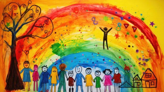 creative children's drawing doodles in an art school or with a psychologist art therapy test: happy family with children and parents against the background of a rainbow