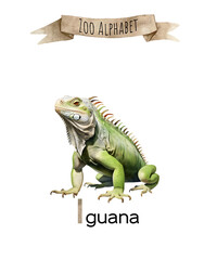 Watercolor Zoo alphabet. I letter iguana animal for children education, home or kindergarten.