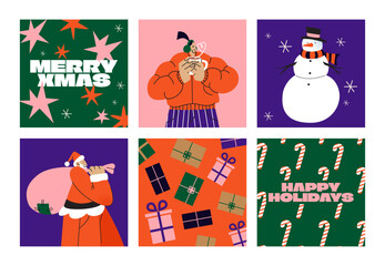 Set of cartoon New Year posters in the 90s groovy style. Hippie Christmas cards, snowman, winter characters in jackets. Acid bright banners