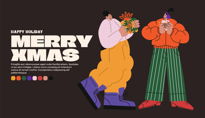 Christmas characters New Year poster cartoon banner in 90s groovy style. Happy people receive gifts and celebrate. vector poster