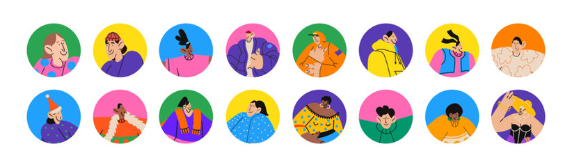 Cartoon avatars retro characters. Smiling happy people in doodle style. Custom icons acid hippie female and male portraits