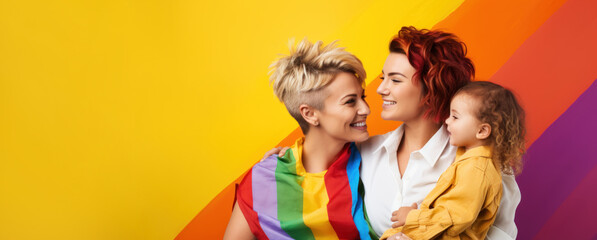 happy lesbian couple female parents with children on rainbow background Pride month, Lgbt family, Concept of diversity and LGBTQ family relationships