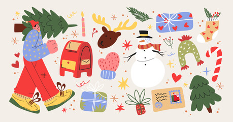 Cartoon christmas stickers in the retro groovy style of the 90s. Hippie new year characters, snowman, gifts. Acid bright elements