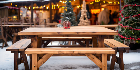 A cozy outdoor Christmas market scene with snow-dusted wooden chairs and table and warm bokeh lights.