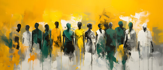 Obraz premium Beautiful group of men and women. Texture painting with oil brush stroke, palette knife paint on canvas in yellow and gray green
