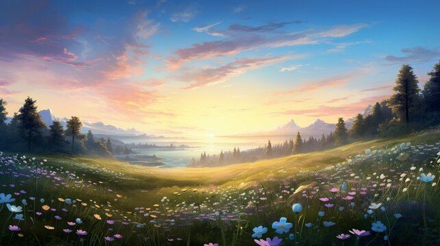 A serene meadow in the early morning, with dew-kissed flowers stretching towards the awakening sky.