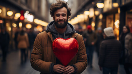 Romantic Valentine's Day illustration of a smiling man with a red balloon in the shape of a heart in his hands. Love, Valentine, holiday. Wallpaper, background. - obrazy, fototapety, plakaty