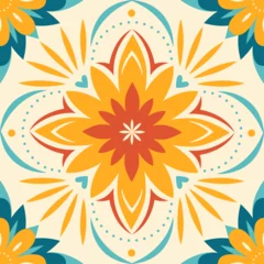 Tapeten  Mexican floral tile. Ceramic tiles in a classic design feature intricate floral and leaf motifs, highlighting. Shades of red, yellow, and green. Mexican floral mosaic. Colorful Mediterranean. © Danchenko