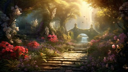 A serene pathway under a canopy of blooming flowers, with the first rays of the morning sun piercing through.