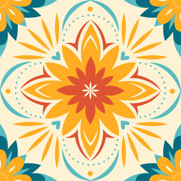  Mexican floral tile. Ceramic tiles in a classic design feature intricate floral and leaf motifs, highlighting. Shades of red, yellow, and green. Mexican floral mosaic. Colorful Mediterranean.