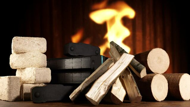 Fireplace with Firewood, Coal and Sawdust Briquettes - Compressed Wood Fire Logs on Fire Background with Flames