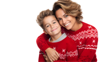 Mother and Son in Christmas Sweaters On transparent background