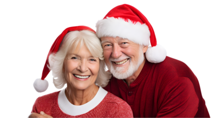 Elderly Couple Radiating Joy in Christmas Hats On transparent background