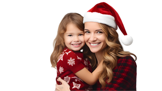 Child Girl Hugging Mother in Christmas Attire on Transparent Background