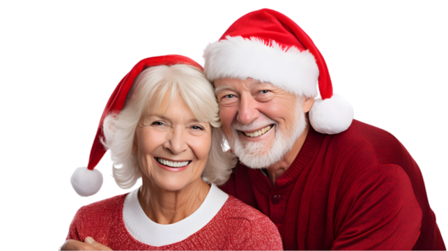 Elderly Couple Radiating Joy in Christmas Hats On transparent background - Powered by Adobe