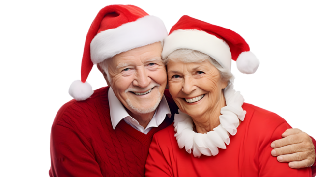 elderly couple wearing christmas clothes on transparent background