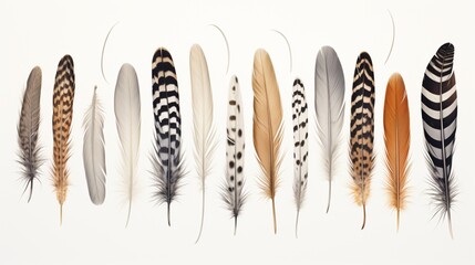 A series of feathers with varying lengths and patterns, creating a harmonious arrangement on a white background. - obrazy, fototapety, plakaty