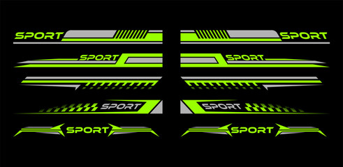 Sport car decal stripes, Car stickers Green striping. Isolated on black background - obrazy, fototapety, plakaty