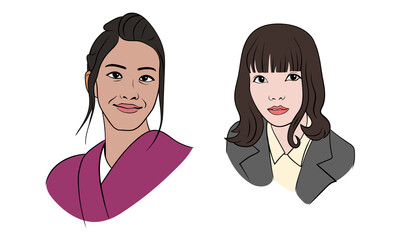 A set of faces of smiling Asian girls. Japanese, Chinese. Malaysian. Oceania. Brown-haired and brunette. Cute. Adults. Isolated on a white background. Drawing by hand.