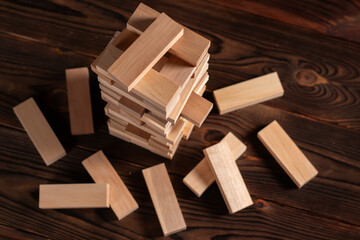 Wood blocks stack game top view, background. Concept of education, risk, development, and growth