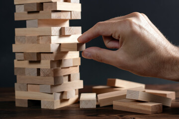 Closeup hand man take one block on The tower from wooden blocks