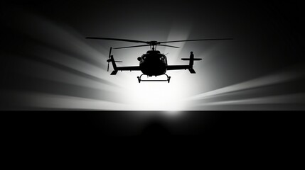 A silhouette of a hovering helicopter against the sun's rays, casting a gentle shadow, set in high contrast on a white background.