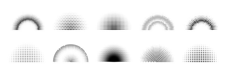 Halftone dotted semicircles. Set of vector gradient effect spotted overlay abstract elements