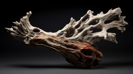 A single barnacle-encrusted driftwood piece, evidence of life from the ocean depths. - obrazy, fototapety, plakaty