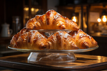 Croissants at a cafe or bakery, french breakfast in the morning with pastry