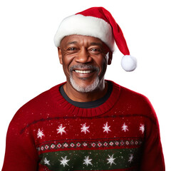 black african elderly old man  in a Santa cap hat and a Christmas sweater isolated on a white transparent background