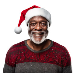 black african elderly old man  in a Santa cap hat and a Christmas sweater isolated on a white transparent background