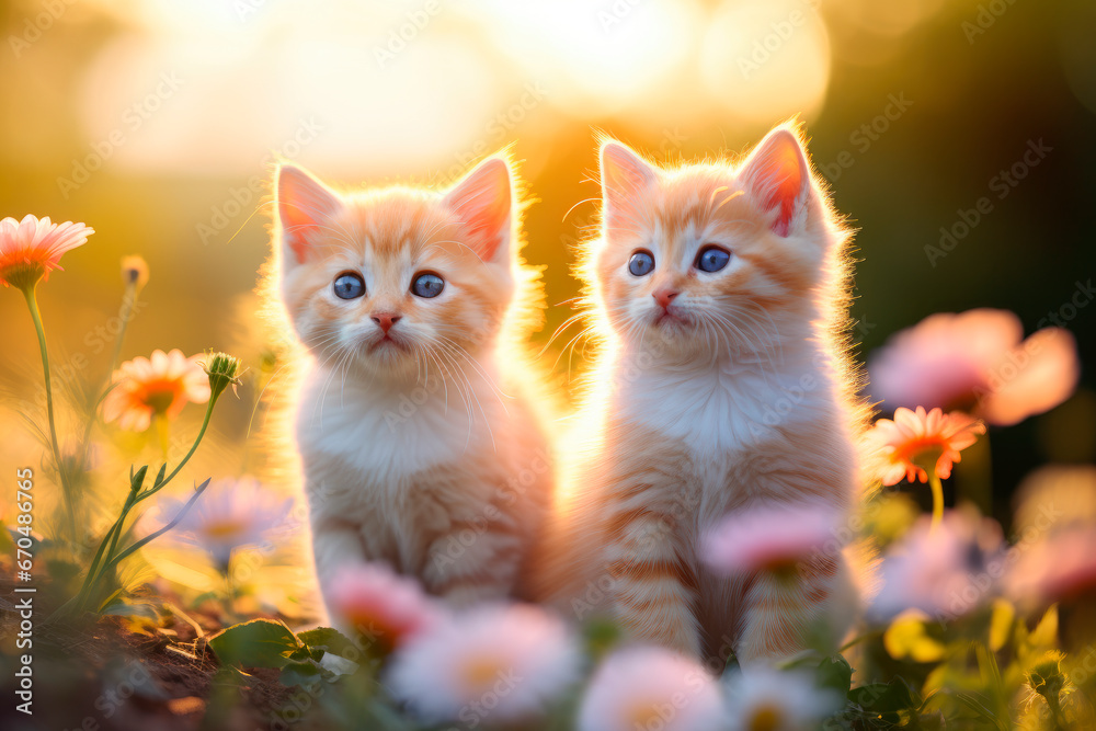 Wall mural A beautiful fluffy kittens in a summer meadow full of flowers