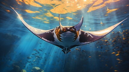 A single manta ray, its majestic wings flapping, captured in a sunlit shallows. - obrazy, fototapety, plakaty