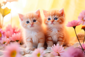 Cute little kittens sitting in flower meadow - obrazy, fototapety, plakaty
