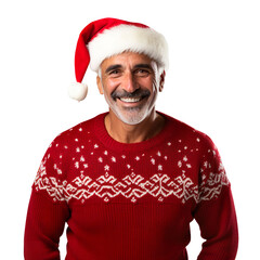 latin elderly old man  in a Santa cap hat and a Christmas sweater isolated on a white transparent background