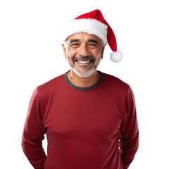 latin elderly old man  in a Santa cap hat and a Christmas sweater isolated on a white transparent background