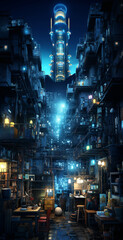 Futuristic cyberpunk urban cityscape, Neon Lights, 
refinery at night