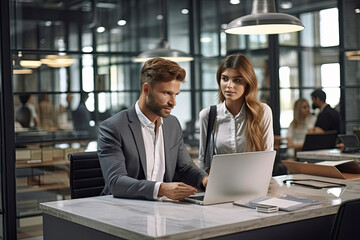 Business people in the office. Businessman laughs while meeting with colleagues. Business partners. Young businessman and businesswoman working together at the office. Successful partnership