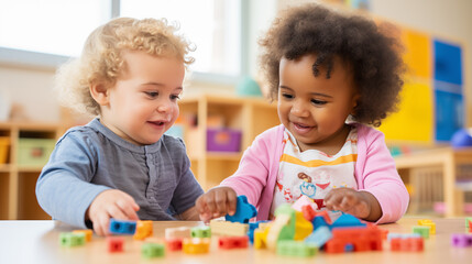 Two interracial toddlers playing toys in kindergarten. Adorable black and white toddlers playing together. - obrazy, fototapety, plakaty