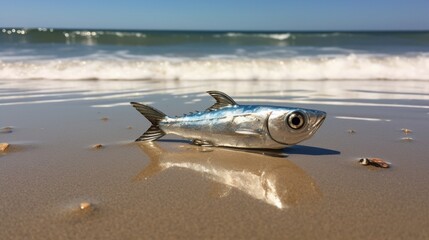Fototapeta na wymiar A singular anchovy, glistening silver, caught in the gentle surf of the beach.