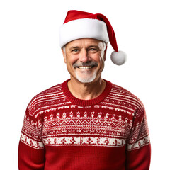 white elderly old man  in a Santa cap hat and a Christmas sweater isolated on a white transparent background
