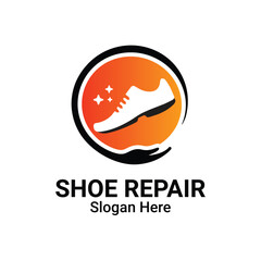 Shoe Repair Logo Service. Fix Shoes Vector Template. Trendy concept for workshop repair or restoration of leather goods. 