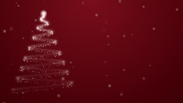 Abstract Christmas tree in red background, Glowing blue Christmas tree animation with light and particles with copy space, X mas backgrounds